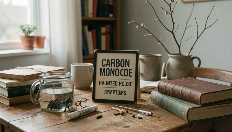 A calm editorial scene for Carbon Monoxide and Haunted House Symptoms using ordinary objects, soft natural light, and no staged evidence