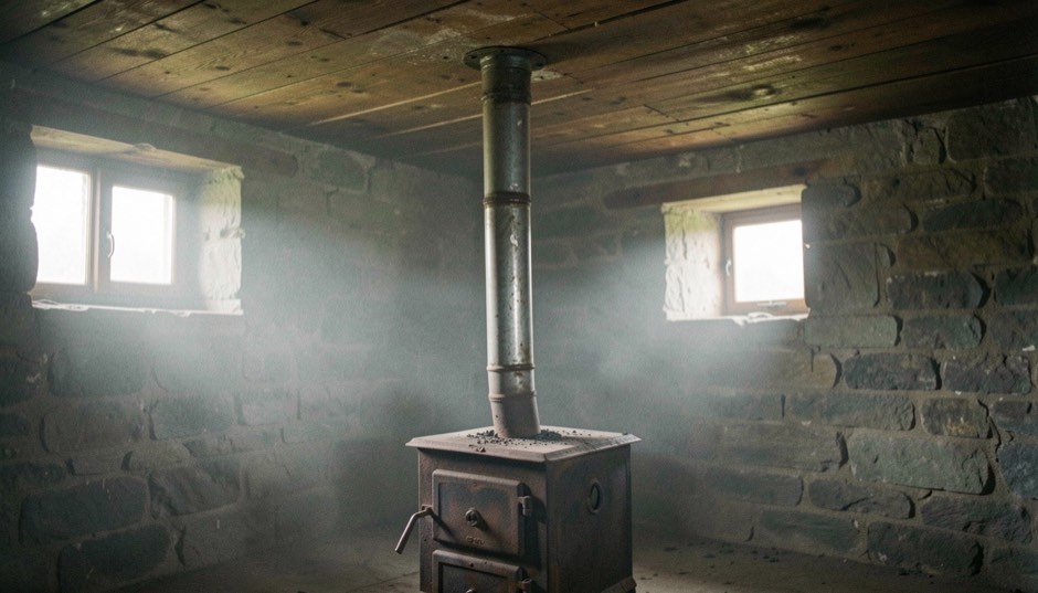 An old cast iron stove with a tall metal flue pipe in a dim stone basement under a plank ceiling, haze hanging in the pale light from two small high windows, no people