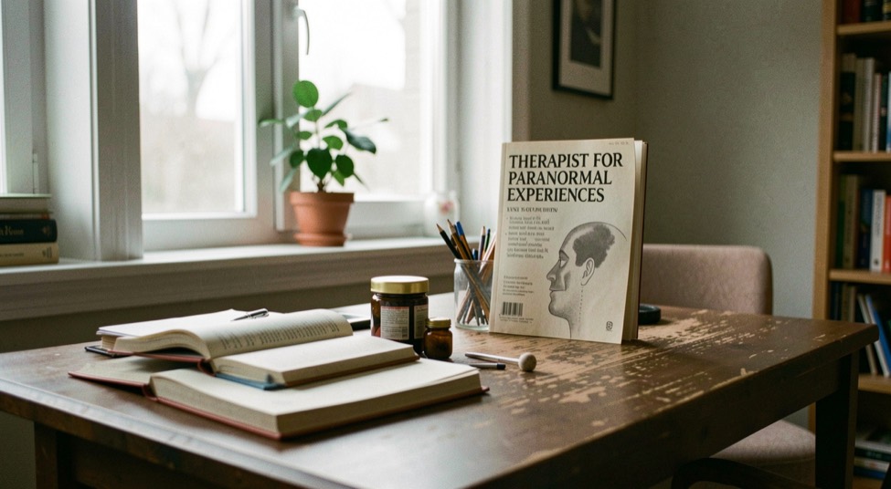 A calm editorial scene for Therapist for Paranormal Experiences using ordinary objects, soft natural light, and no staged evidence