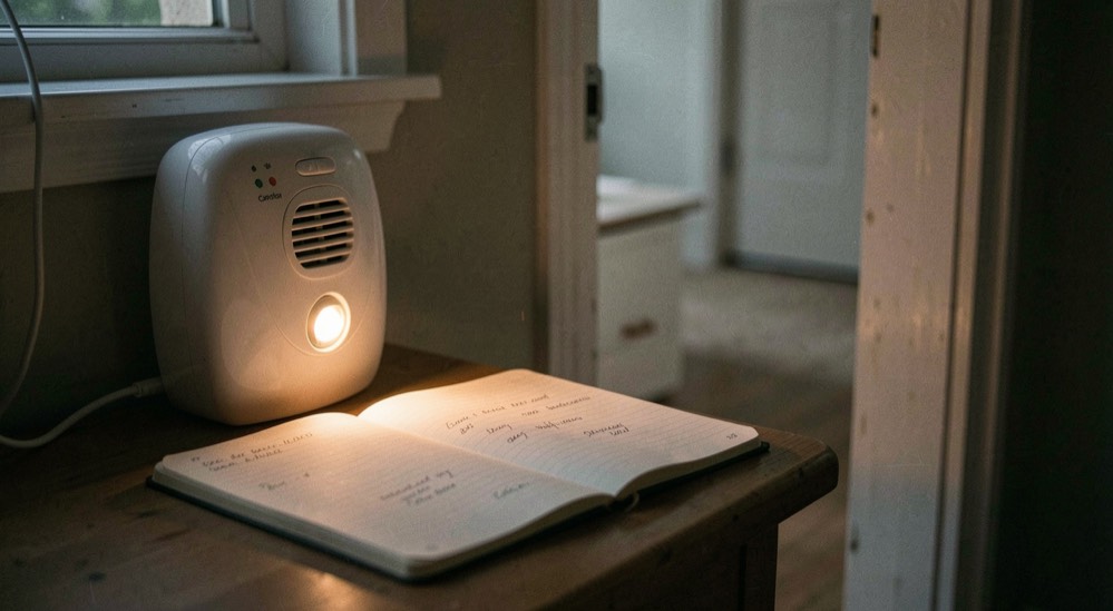 A lit field notebook beside a home carbon monoxide alarm and a quiet doorway at night