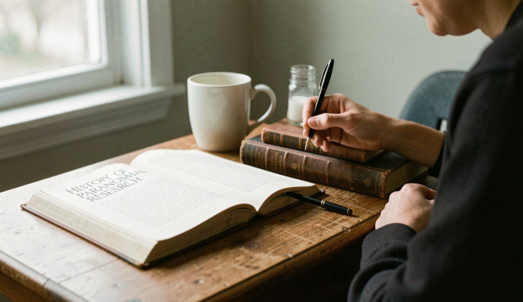 A calm editorial scene for History Of Paranormal Research using ordinary objects, soft natural light, and no staged evidence