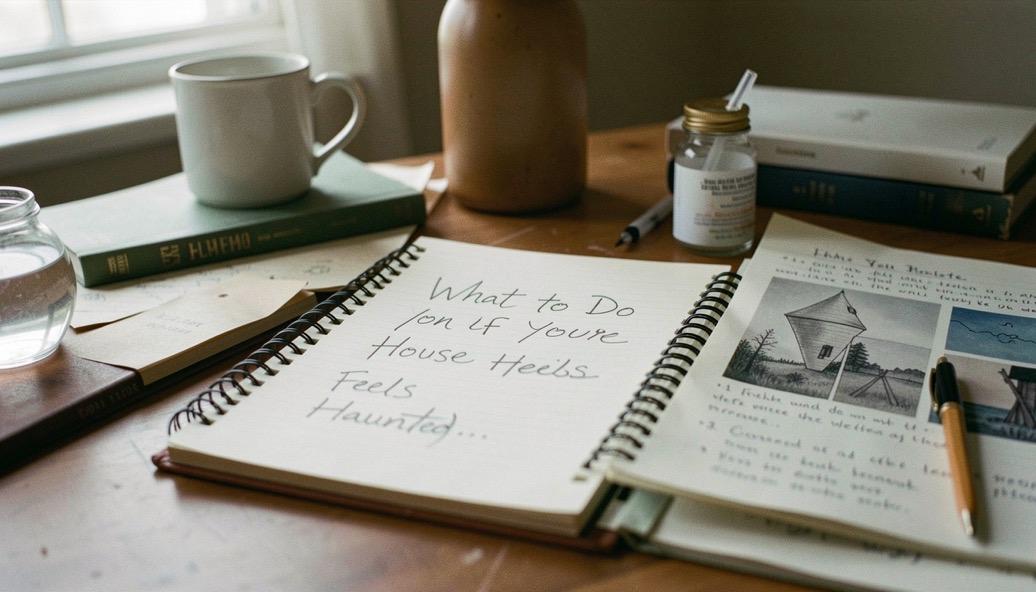 An editorial field-note scene for What to Do if Your House Feels Haunted with ordinary objects, soft light, and no staged evidence