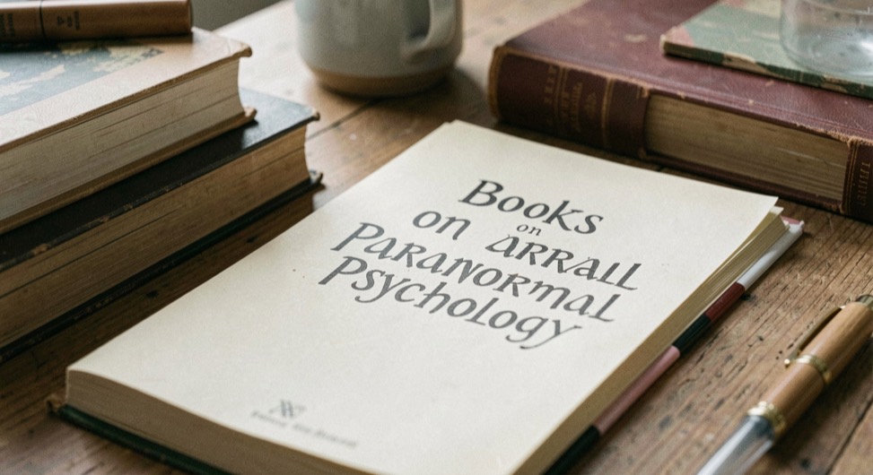 An editorial field-note scene for Books on Paranormal Psychology with ordinary objects, soft light, and no staged evidence