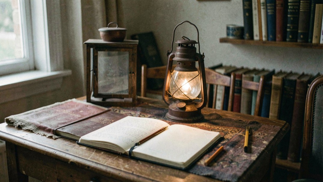 A calm editorial scene representing History & Culture with a field notebook and ordinary details