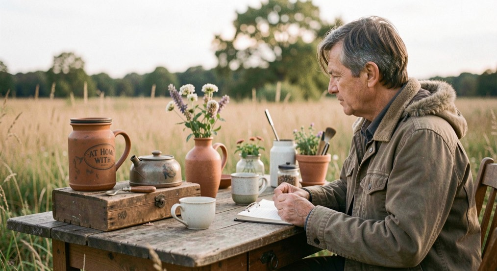 A calm editorial scene representing At Home with a field notebook and ordinary details