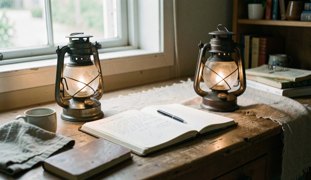 A calm editorial scene representing Field Notes with a field notebook and ordinary details