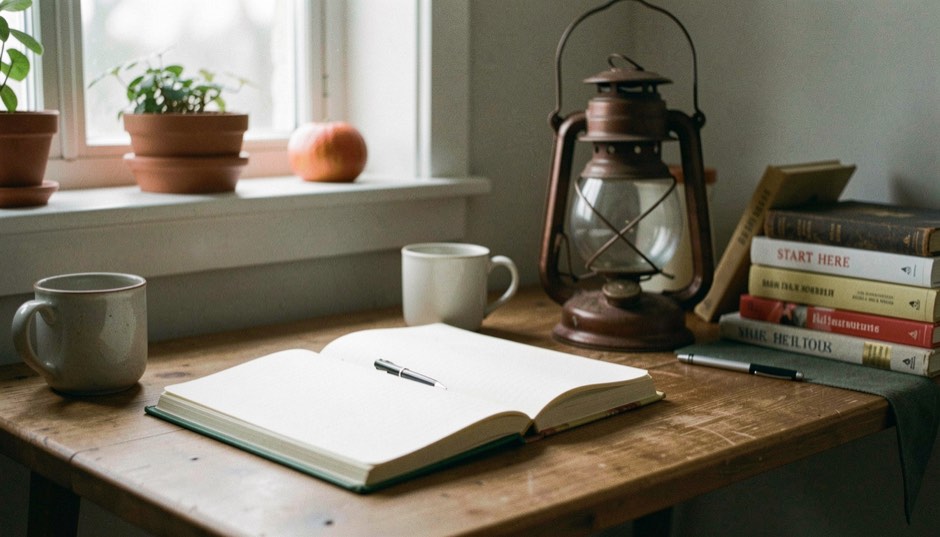 A calm editorial scene representing Start Here with a field notebook and ordinary details