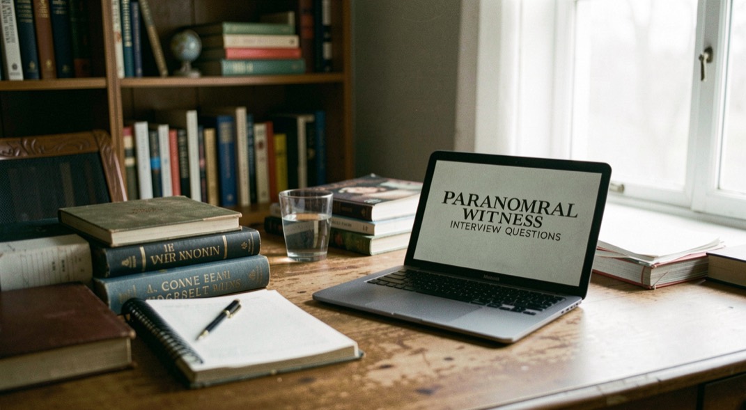 A calm editorial scene for Paranormal Witness Interview Questions using ordinary objects, soft natural light, and no staged evidence