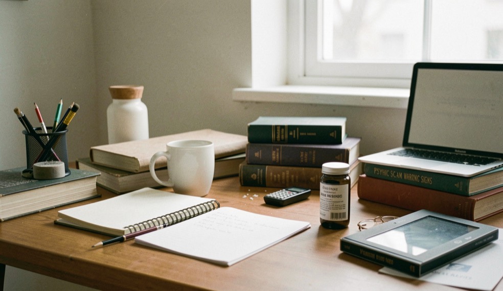 A calm editorial scene for Psychic Scam Warning Signs using ordinary objects, soft natural light, and no staged evidence