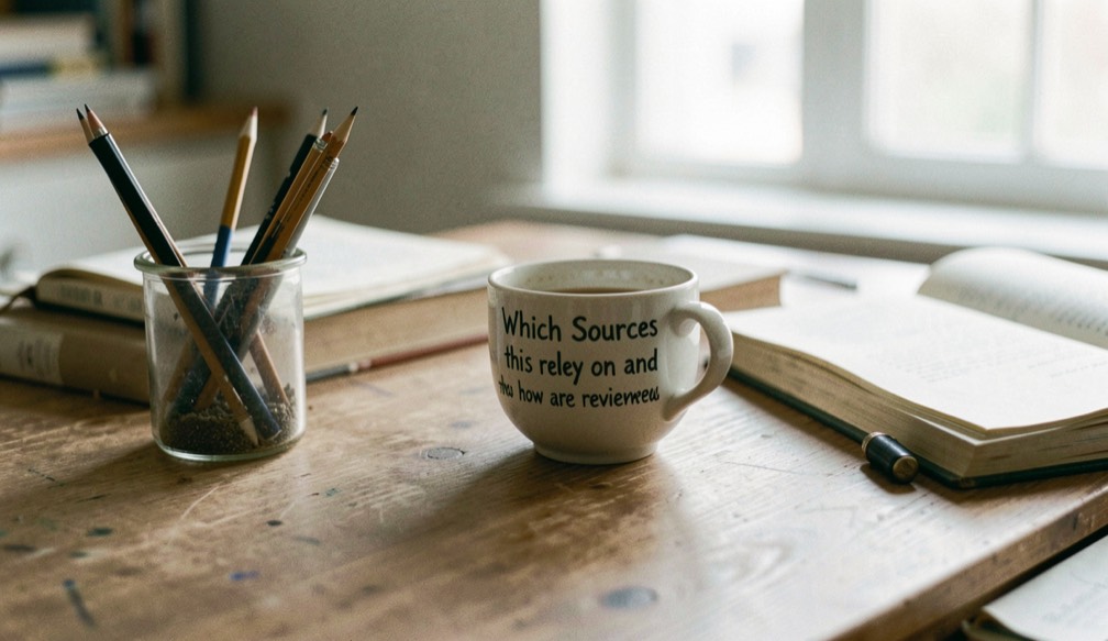 A calm editorial scene for Which sources does this site rely on and how are they reviewed using ordinary objects, soft natural light, and no staged evidence